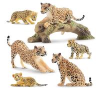 TOYMANY Juego de 7 figuras de animales Jaguar con Jaguar bebés y tronco de árbol, juguetes realistas de plástico para zoológico, bosque de animales de la selva, para jugar o como decoración