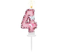 TOYMIS 8 x 5 cm Velas Cumpleaños Números, Rosa Brillante, con Mariposas y Lentejuelas para Suministros de Celebraciones de Aniversario (Número 4)