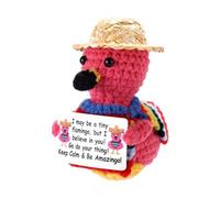 TOYMIS Flamenco de Ganchillo, Muñeco Flamenco Positivo Hecho a Mano Adorable Animal Punto con Sombrero Paja con Tarjeta Ánimo para Mujeres y Hombres Escritorio Decoración