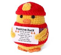 TOYMIS Pato Positivo, 8cm Imagen de Bombero Muñeco de Apoyo Positivo Hecho a Mano Divertido Pato Ganchillo con Tarjeta Inspiradora Regalo Emocional Decorativo