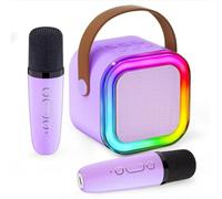 Toys - Micrófono de karaoke para niños de 5 a 10 años, altavoz de karaoke inalámbrico Bluetooth con 2 micrófonos inalámbricos, cambio de voz y luces LED, ideas de regalos de cumpleaños (morado)
