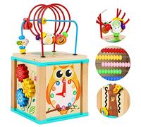 Toys of Wood Oxford TOWO Cubo de Actividad de Madera - 5 en 1: Laberinto, ábaco, Engranajes, Reloj y zig Zag Slide - Juguetes Montessori educativos para bebés de 1 año