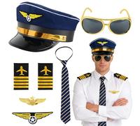 TOYTOPIE 7 Piezas Accesorios de Disfraz de Capitán Piloto, Sombrero de Aviador, Brazalete, Gafas de Corbata, Insignias, Medalla, Accesorios para Disfraz de Piloto para Fiesta de Disfraces de Cosplay