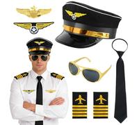 TOYTOPIE 7 Piezas Accesorios de Disfraz de Capitán Piloto, Sombrero de Aviador, Brazalete, Gafas de Corbata, Insignias, Medalla, Accesorios para Disfraz de Piloto para Fiesta de Disfraces de Cosplay