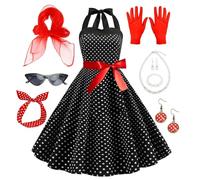 TOYTOPIE Accesorios de disfraz de los años 50, kit de disfraz retro de los años 50 para mujer con vestido de lunares, gafas de ojo de gato, bufanda, diadema, collar y guantes para fiestas temáticas de