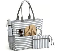 TOYTOPIE Bolsas de Playa Grandes XXL Familiar, Bolso Playa Impermeable con Cremallera y Compartimentos, Bolsa de Playa Mujer de Lona con Neceser, Plegable para Vacaciones, Piscine (Rayas grises)