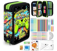 TOYTOPIE Estuche Escolar 3 Compartimentos Niño, Plumier Triple Escolar 41 Piezas, Estuche Escolar Completo con Bolígrafos Borrables, Lápices de Colores, Rotuladores, Ideal Primaria y Regalo Niño