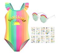 TOYTOPIE Traje de Baño de Una Pieza para Niñas Arcoíris Multicolor 4-7 Años Conjunto de Verano 3 Piezas con Gafas de Sol y Tatuajes Temporales para Piscina y Playa