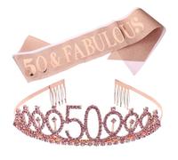 Toyvian Cinturón de Etiqueta para Fiestas Cumpleaños 50 Años 2 Piezas Rosa Dorado Letras Impresas, Banda Ajustable para Hombro y Tiara de Cumpleaños para Mujer, Suministros Decorativos