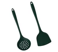 Toyvian Espátula de Silicona para Cocinar Mango Largo y Cuchara Ranurada Antideslizante, Set 2 Piezas en Verde Oscuro, Utensilios de Cocina para Hogar y Restaurante