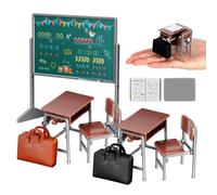 Toyvian Juego escolar en miniatura de 13 piezas - Accesorios para casa de muñecas a escala 1:12, incluye juego de escritorio y silla, bolsa de muñecas, pizarra y libro para muebles de clase en
