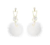 Toyvian Pendientes Colgantes de Mujer Diseño de Gato y Bolas de Piel Sintética S925 Plata Aguja Pompones Blancos Ligeros y Elegantes para Otoño E Invierno 1 Par