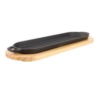 Toyvian Plancha para Asar de Hierro Fundido Doble Oreja 40x15 Cm Color Negro con Base de Madera para Hogar y Restaurante Plato para Freír Carne y Barbacoa Antideslizante