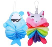 TOYZFRIENDY 2 piezas Esponjas de Baño Infantiles con Dibujos de Unicornio Rosa y Tiburón Azul Esponjas de Ducha Suaves para Exfoliar y Limpiar la Piel Diseño Divertido y Fácil de Colgar