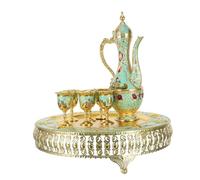 TOYZFRIENDY Juego de Cafetera Turca Vintage de Metal Castillo 5 Piezas Incluyendo Tetera Copas de Vino y Bandeja Alta Azul Antiguo Adecuado para Servir Té y Vino Reuniones y Fiestas