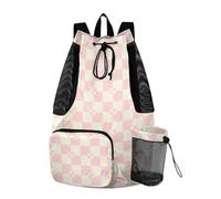 tplaotee Bolsas con cordón para hombres y mujeres, bolsa de piscina con bolsillos, saco atlético, impermeable, color durazno, beige a cuadros