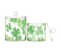 tplaotee Clover St Leaf - Organizador de maquillaje de plástico transparente verde con tapa, artículos esenciales de baño, tarro de almacenamiento de hilo dental para hisopos de algodón, clips de