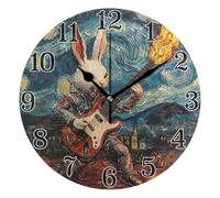 tplaotee Conejo de Pascua Toca Guitarra Noche Estrellada Relojes de pared redondos de 25,4 cm sin tictac creativo para baño granja