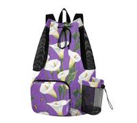 tplaotee Mochila de playa con cordón y bolsillos, con cordón, separación húmeda y seca, dibujos animados, lirio de cala, flor, morado
