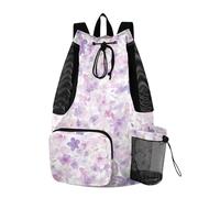 tplaotee Mochila de senderismo con cordón, bolsa de natación con bolsillos, bolsa de cuerda, separación húmeda y seca, acuarela abstracta, flor, lila, morado, rosa claro