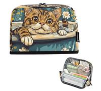 tplaotee Portalápices de bañera retro de dibujos animados de gatos de Bengala de gran capacidad, bonito estuche para monedas para hombres, suministros escolares, cartuchera escolar para ninas