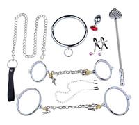 TPTOP 8Pcs Stainless Steel Sex Handcuffs and Ankle Cuffs with Lockable Round Collars, Nipple Clamps, Anal Plug, BDSM Bondage Set, Erotic Games for Couples, Silver,Female