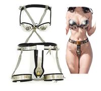 SM Extreme Bondage Set/Restraint Set for Women Stainless Steel Metal Slave Fetish Sex Toy with Chastity Belt Thigh Ring and Bra - Removable and Lockable,60~70cm