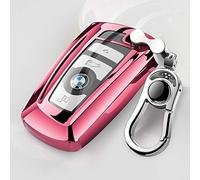 Tpu Funda protectora completa de silicona para llavero de coche para BMW, 3 botones de control remoto Smart Key Case con llavero de zinc Aolly, etc.,Rosa
