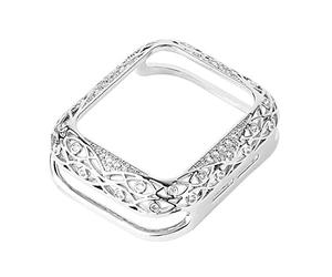 TPUOTI Para ver la cubierta tallada de metal de lujo de lujo 38mm 40mm 42mm 44mm 41mm Caso protector de 45 mm 7/SE/6/5/4/3/2/1 Caja de reloj de diamante(Silver,44mm)