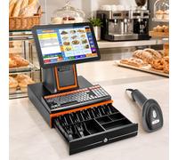 TPV Táctil con Pantalla de 15,6", Caja Registradora para Tiendas y Pequeños Negocios, 8GB RAM 128GB SSD, Impresora Térmica Integrada, Cajón Portamonedas y Lector de Códigos de Barras Black