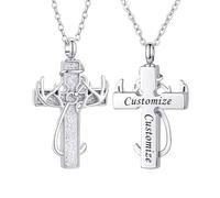 TQHGHX Customize Urn Necklace Antler & Fish Hook Cross Cremation Jewelry Cross Ashes Holder Keepsake Loved One Memorial Jewelry Personalized Engraved Names