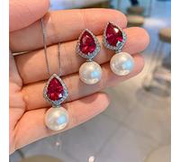 TQHGM 12mm White Gold Color Fresh Water Pearl Ruby Pendant Earrings for Wen Wedding Jewelry Set