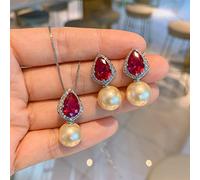 TQHGM 12mm White Gold Color Fresh Water Pearl Ruby Pendant Earrings for Wen Wedding Jewelry Set