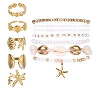 TQHGM 12pcs Summer & Set, Seashell Rings Boho Beaded Stretch Bracelets Stackable Charm Jewelry for Women Hawaiian Vacation Beach Party Gift