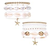 TQHGM 13pcs Set, Styles Stackable Seashell Sea Shell Strand Bracelets & Bohemian Beaded Elastic Starfish Charm Jewelry for Women Vacation Summer Beach Party Gift