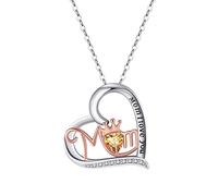 TQHGM 14K White Gold Chain, Mother's Day Heart with Cubic Zirconia Engraved Mom I Love You Woman Pendant