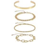 TQHGM 4pcs Waterproof Herringbone Bracelet, Dainty Stackable Cuff Stack Gold Layer Bracelets Chunky Jewelry Cuban Link Paperclip Chain for Women