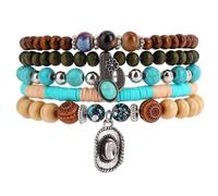 TQHGM 5pcs Boho Beaded Multilayer Bracelets Stackable Handmade Wood & Turquoise Bead Elastic Bracelet Jewelry Gifts for Women Men