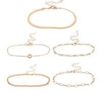 TQHGM 5pcs Gold Bracelets, Waterproof Stackable Anklets Adjustable Ankle Chain Link Trendy Sparkly Foot Jewelry for Women Beach Vacation (5 Styles)