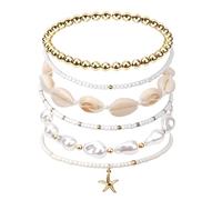 TQHGM 6pcs Bracelets, Stackable Seashell Starfish Boho Women Elastic Sea Shell Beaded Bracelet Heishi Surfer Jewelry Decoration Accessories and Gifts for Summer Beach Vacation Party