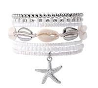TQHGM 7 Pcs Summer Beach Shell Bracelet Set, Stackable Starfish Seashell Beaded Surfer Bracelets Bohemian Seaside Friendship Jewelry Stack for Women Vacation Beachy Party Accessories