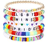 TQHGM 7pcs LGBT Bracelet Set Women, Rainbow Clay Bead Bracelets Gay Pride Love Heart Jewelry Stackable Heishi Surfer Accessories for Valentines