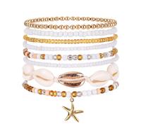 TQHGM 8pcs Summer Stackable Seashell Strand Bracelets Bohemian Beaded Rice Bead Starfish Charm Sea Shell Jewelry Beachy Accessories for Women Hawaiian Vacation Beach Party Gift