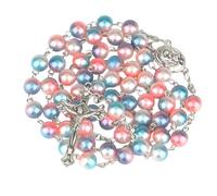 TQHGM Accessorie Religious Rosary For Women - Mary Jesus Cross Pendant 8MM Long Beads Chains, Pearl Rosary Beaded Cross