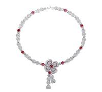 TQHGM Statement for Women, Copper Chain Silver Red Flowers Hearts Round Cubic Zirconia Pendant s Length 48CM