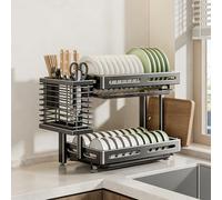 Tqoiozxa Escurreplatos de encimera o Pared, Bandeja de Goteo Plegable de Acero Inoxidable, no Requiere instalación, Gran Capacidad.(Wall-Mounted-B,2-Tier)