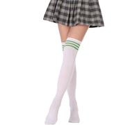 TQPUWT calcetines elásticos de algodón de tubo alto, Extra Largas Medias, Sobre la Rodilla Muslo Calcetines, Calcetines Largos a Rayas para Niña, rayas verdes sobre blanco, 52CM