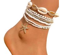 TQUXNGA Juego de 7 tobilleras con temática marina, color negro y blanco, cadena de pie de playa, materiales de cristal, cadenas de tobillo junto al mar, esmalte de alto brillo, calzado de fiesta en la