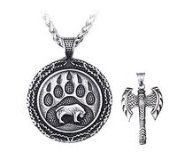 TQWSVUM 2Pcs Viking Pendant Set con Cadena de Trigo, Hombres Viking Axe Bear Paw Print Pendant Necklace, Acero Inoxidable Nórdico Vintage Animal Totem Amuleto Joyería Celta