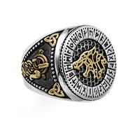 TQWSVUM Anillo de Cabeza de Lobo de Runa Vikinga Masculina,Nordic Odin Fenrir Futhark Runas Anillo de Acero Inoxidable, Tótem de Nudo Celta Hecho A Mano Joyería de Protección Pagana